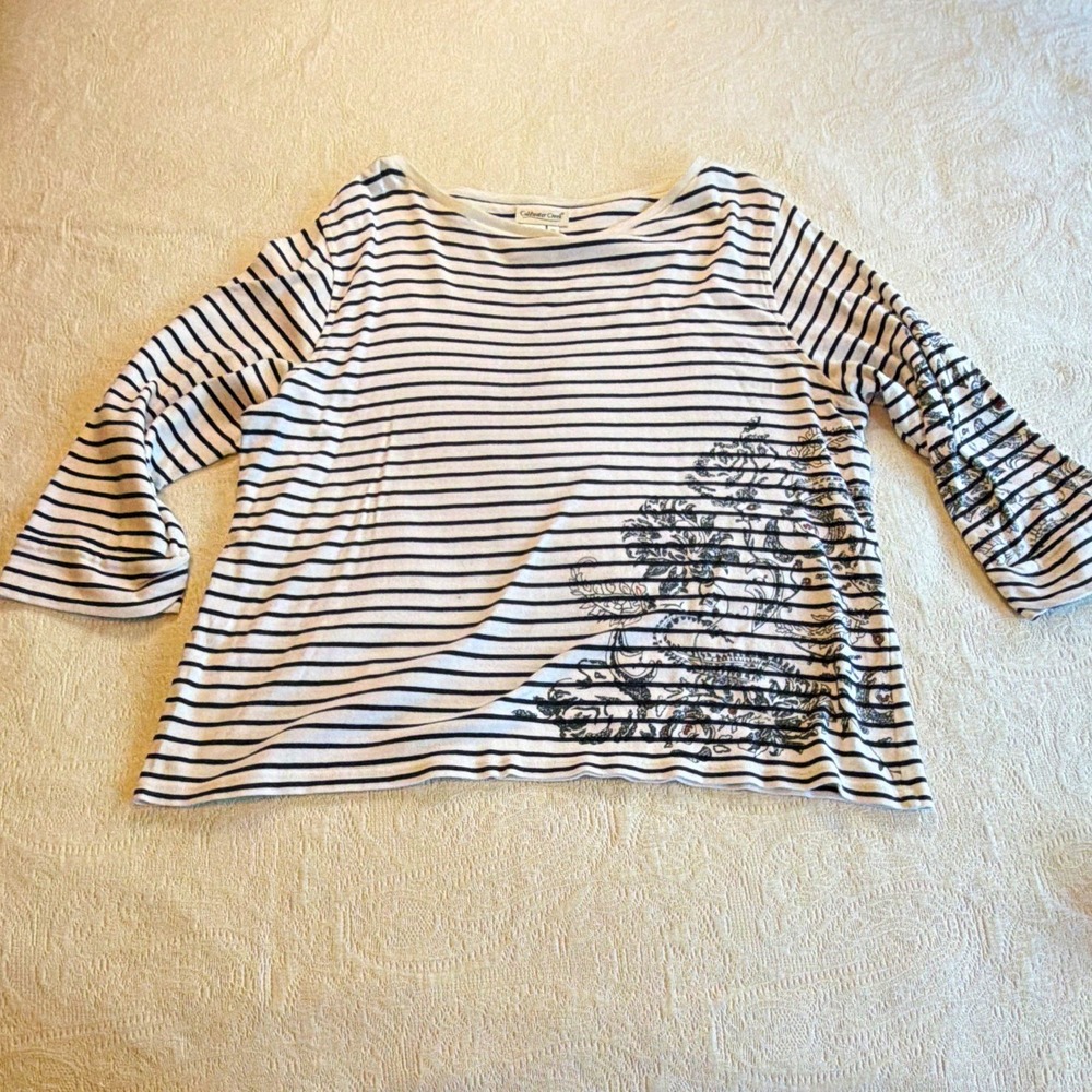 Coldwater Creek Women’s Plus 2X White Black Stripe Knit Cotton Scoop 3/4 Top